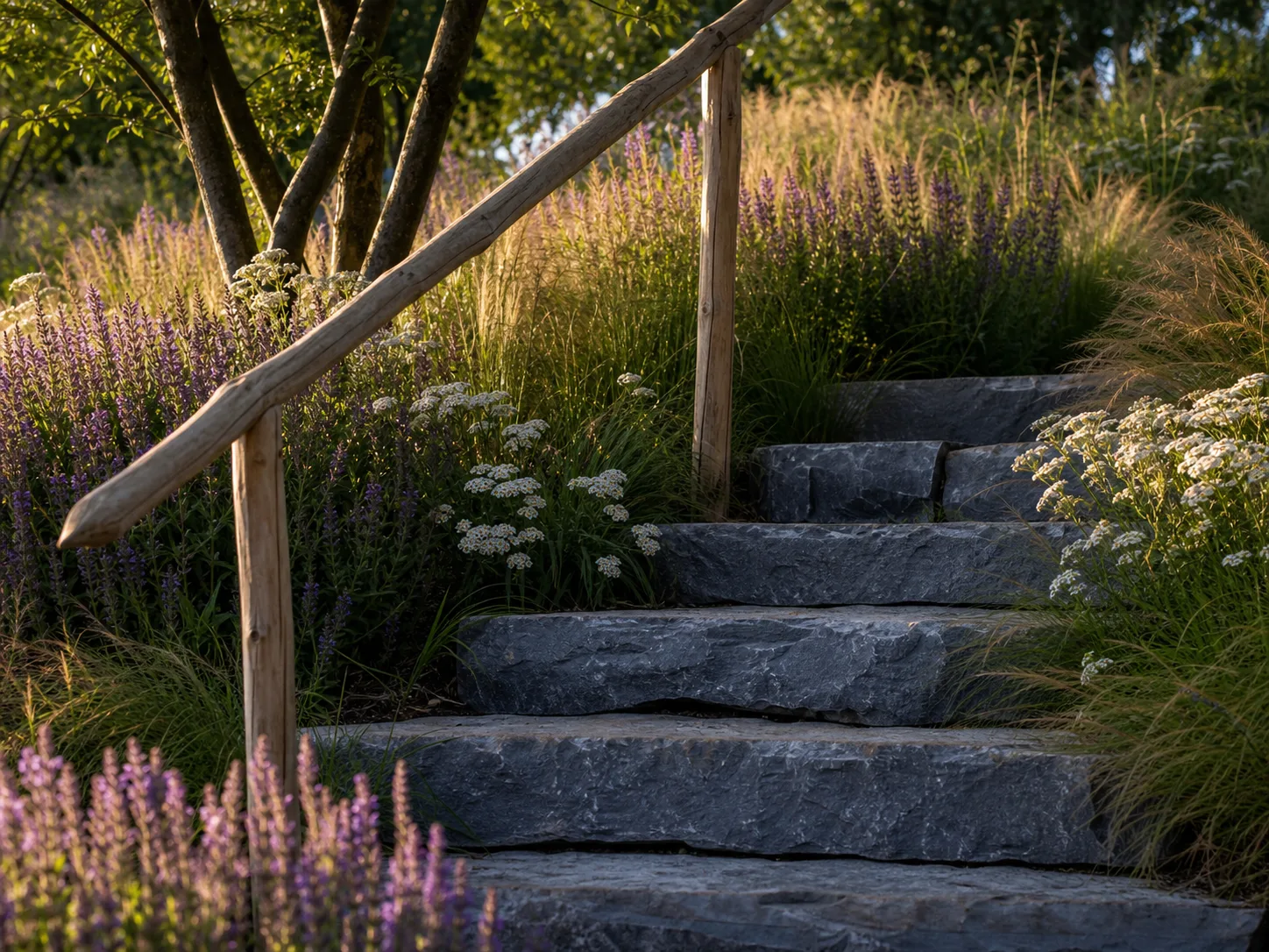 Limestone steps through planting